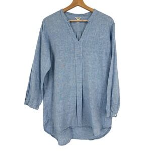 L.L. Bean Womens 100% Linen Long Sleeve V Neck Tunic Top Blue Size L‎